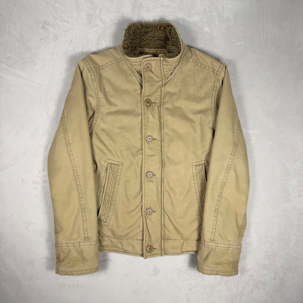 Y2K Mens Abercrombie & Fitch Adirondack Canvas Faux Fur Field Jacket Tan Size M